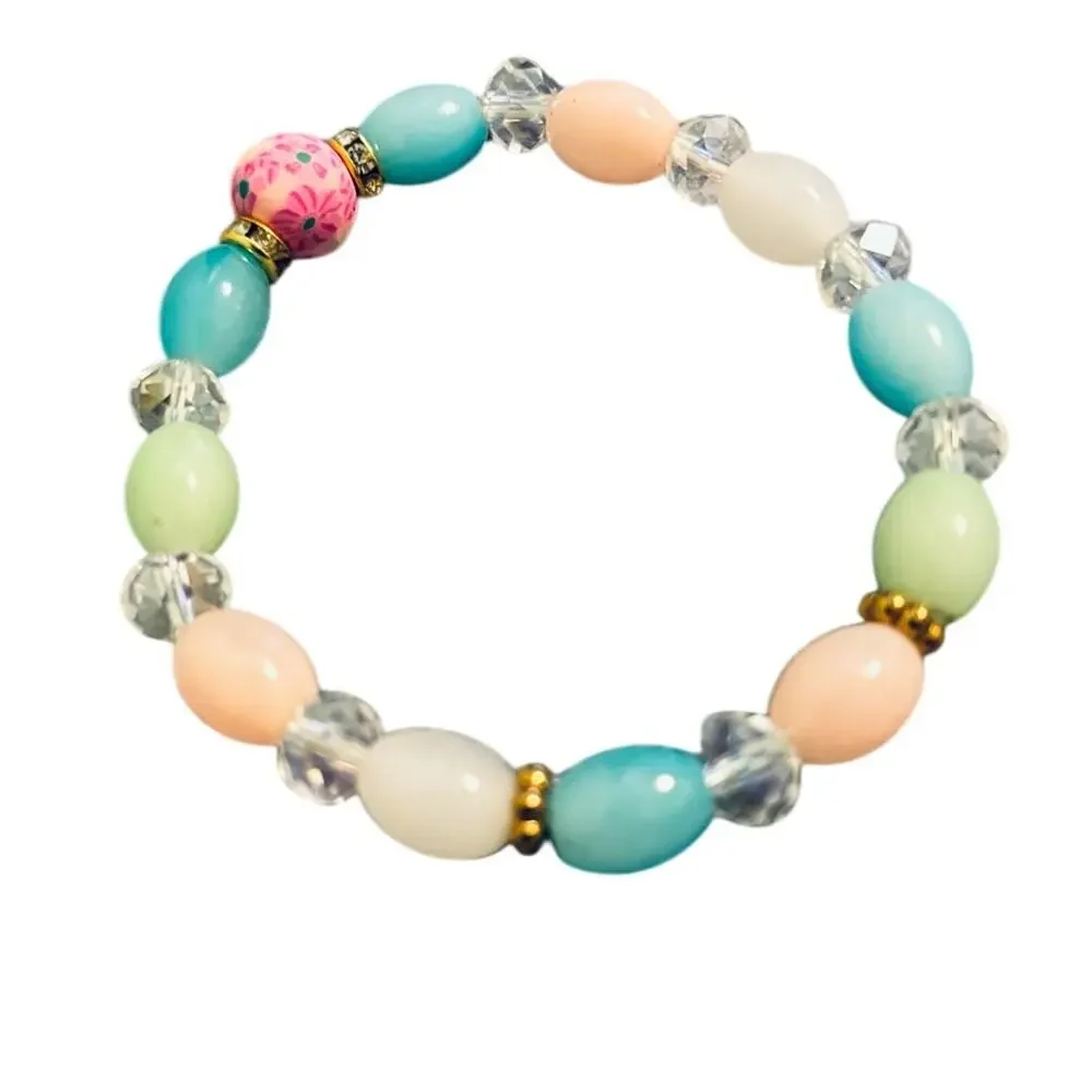 Kids Pastel Beaded Stretch Bracelet Floral Accent Rhinestone Gold Tone‎